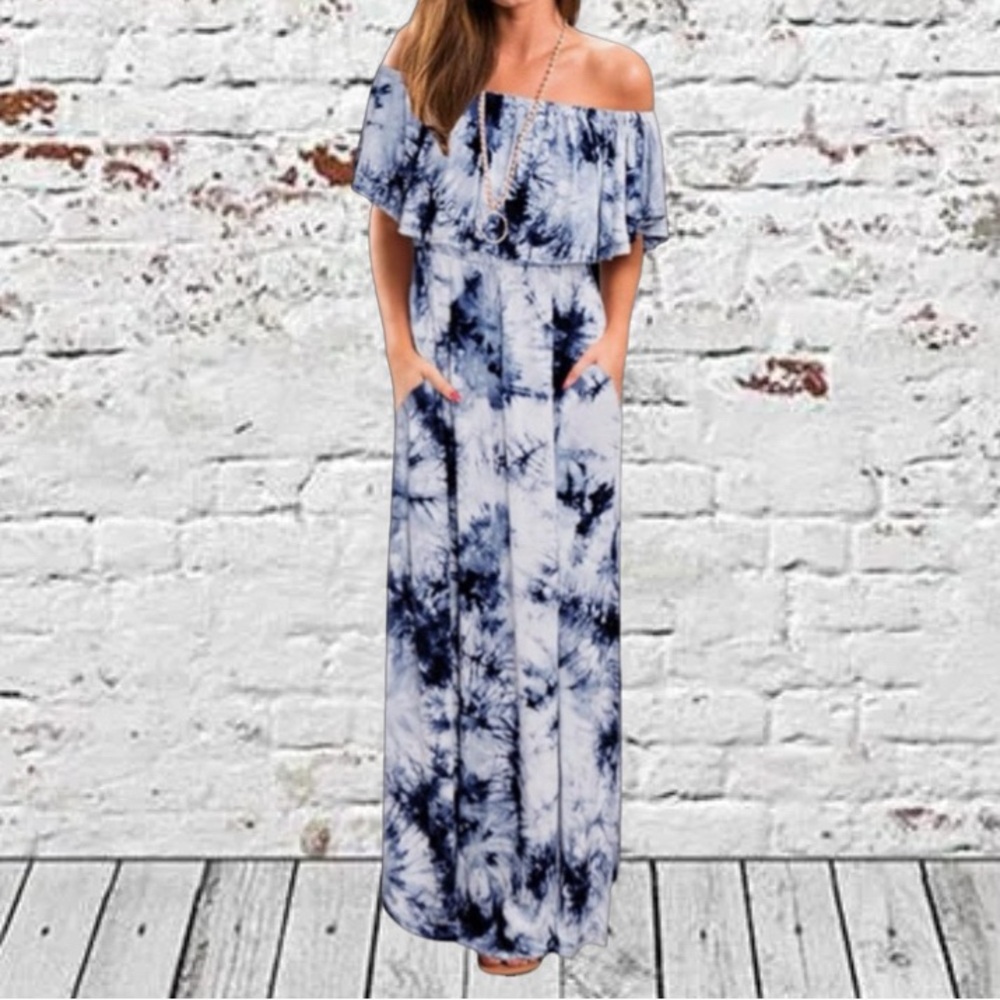 Blue and White Tie-dye Off the Shoulder Maxi Dress Size Large